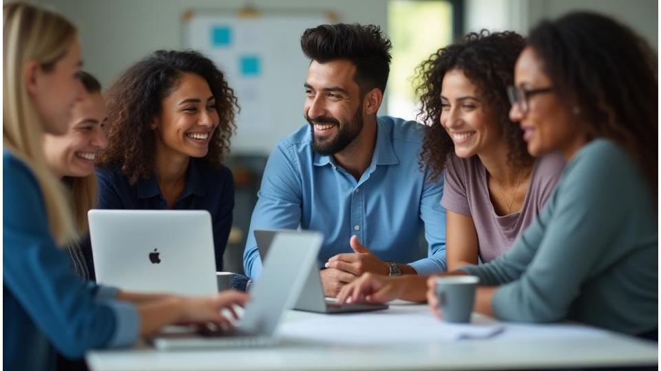 Teamleden van Digital Guide die samenwerken aan een project, glimlachend en betrokken.