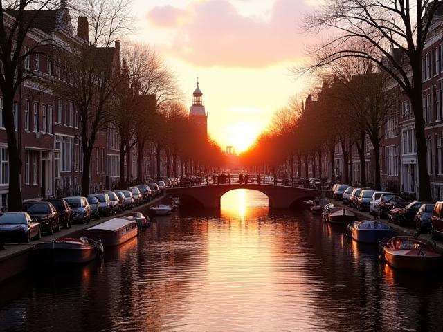 Grachten in Amsterdam bij zonsondergang